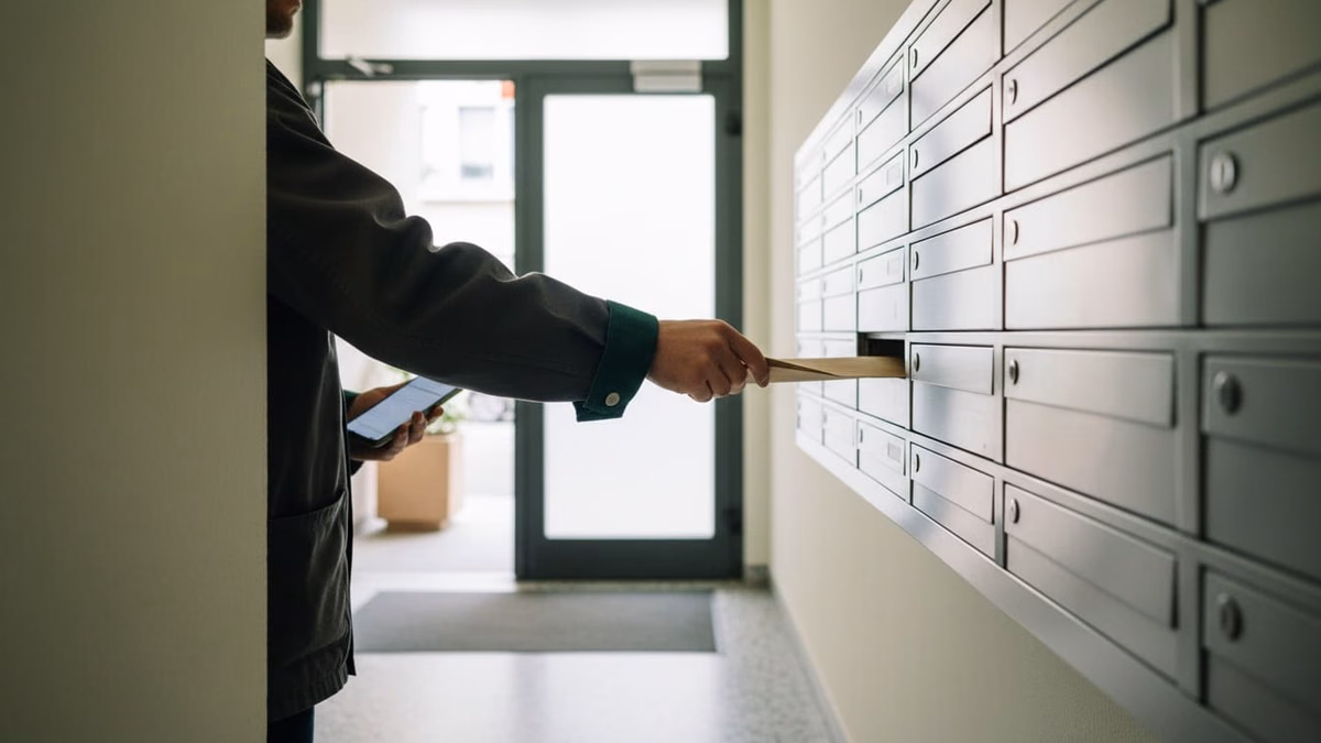 Hand am Einwurfschlitz eines Briefkastens in der Anlage im Hausflur