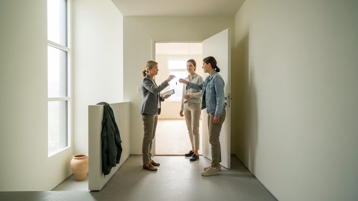 Verwalterin übergibt einem jungen Paar an der Wohnungstür einen Schlüssel