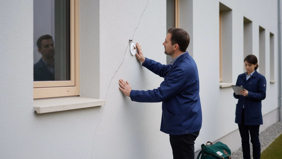 Diagonaler Riss im Außenputz mit Gipsmarke, ein Gutachter legt die Hand daneben an die Wand