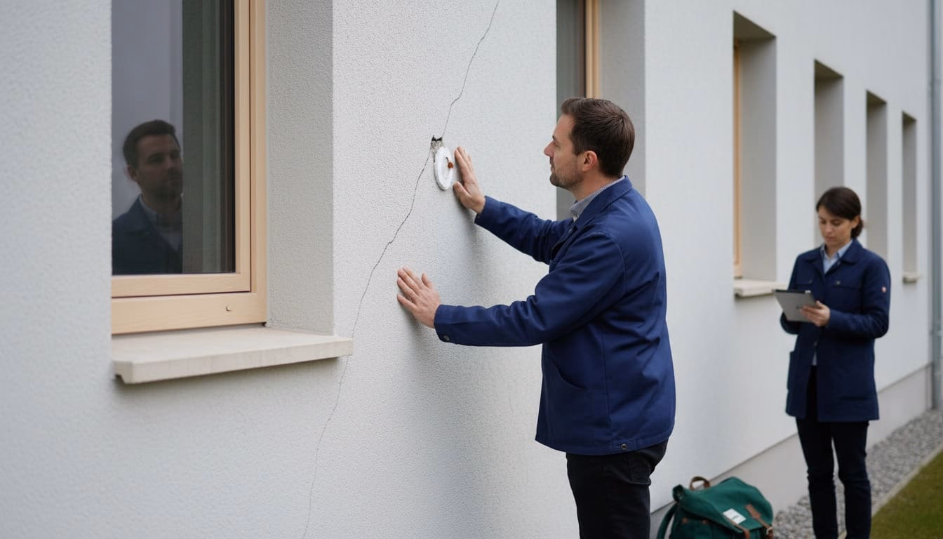 Diagonaler Riss im Außenputz mit Gipsmarke, ein Gutachter legt die Hand daneben an die Wand