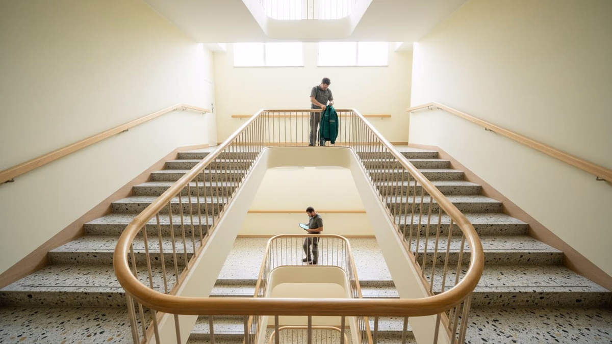 Blick nach oben durch das offene Treppenauge eines Mehrfamilienhauses über drei Geschosse