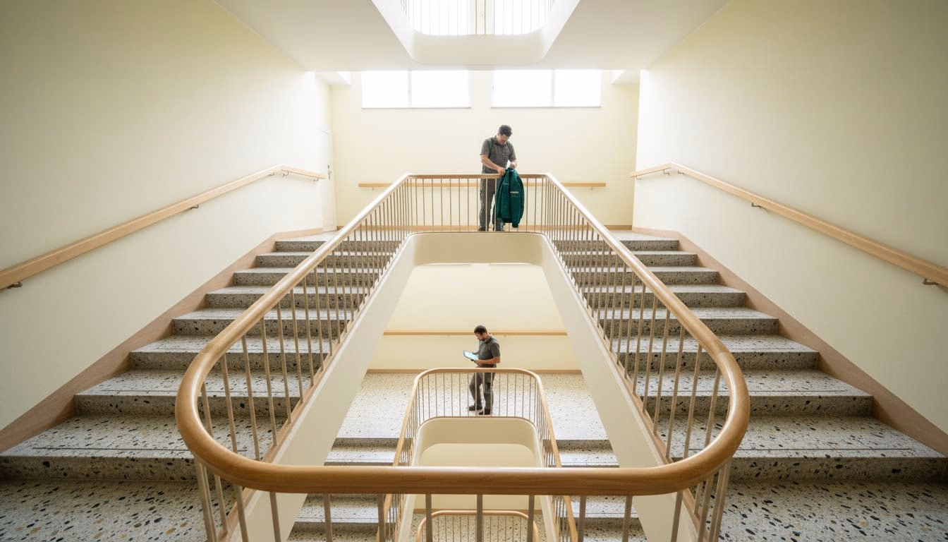 Blick nach oben durch das offene Treppenauge eines Mehrfamilienhauses über drei Geschosse