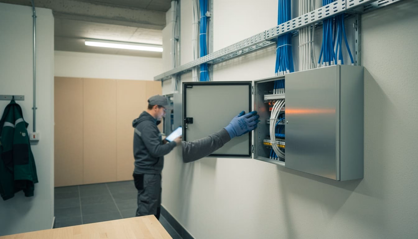 Technikerhand am geöffneten Wandschrank im Technikraum, ordentlich geführte Kabel darüber