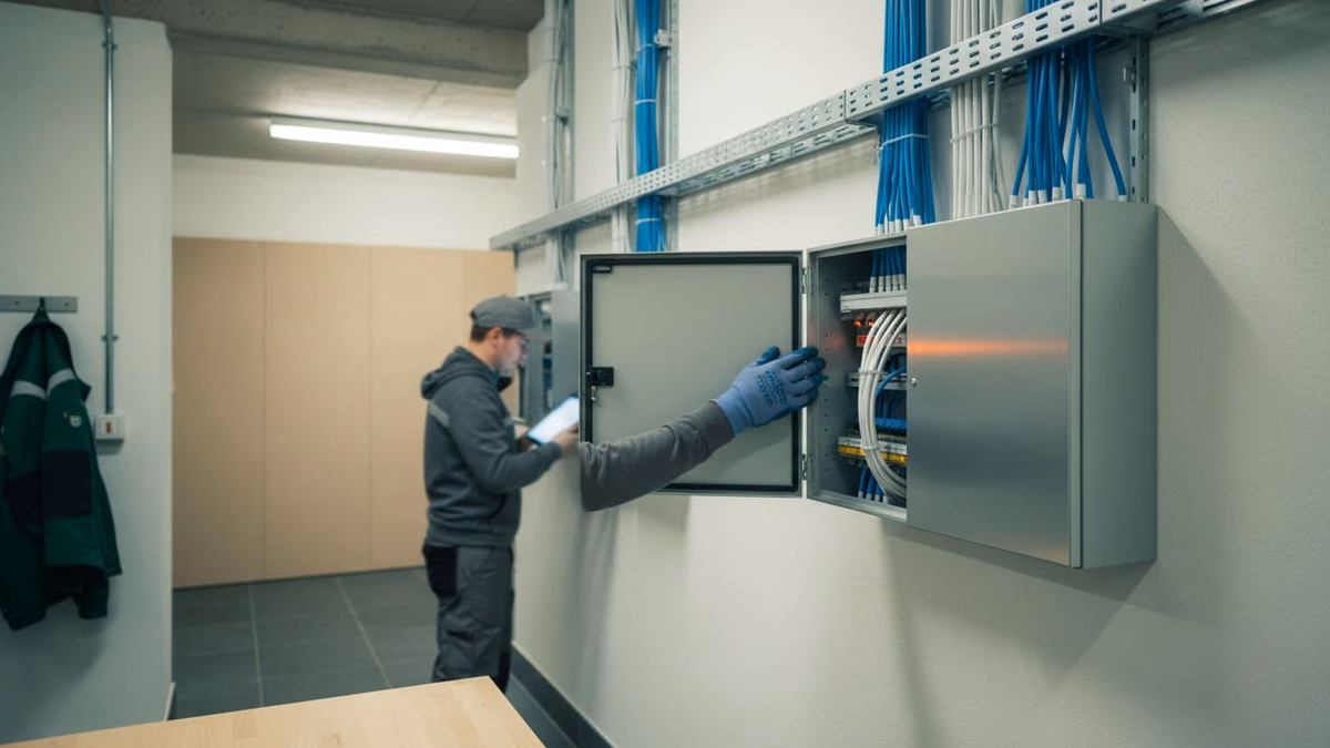Technikerhand am geöffneten Wandschrank im Technikraum, ordentlich geführte Kabel darüber