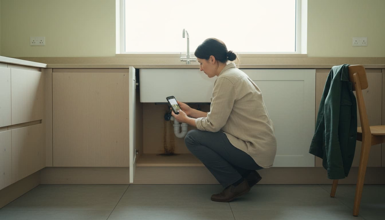 Mieterin fotografiert mit dem Smartphone den feuchten Siphon im Unterschrank der Küche