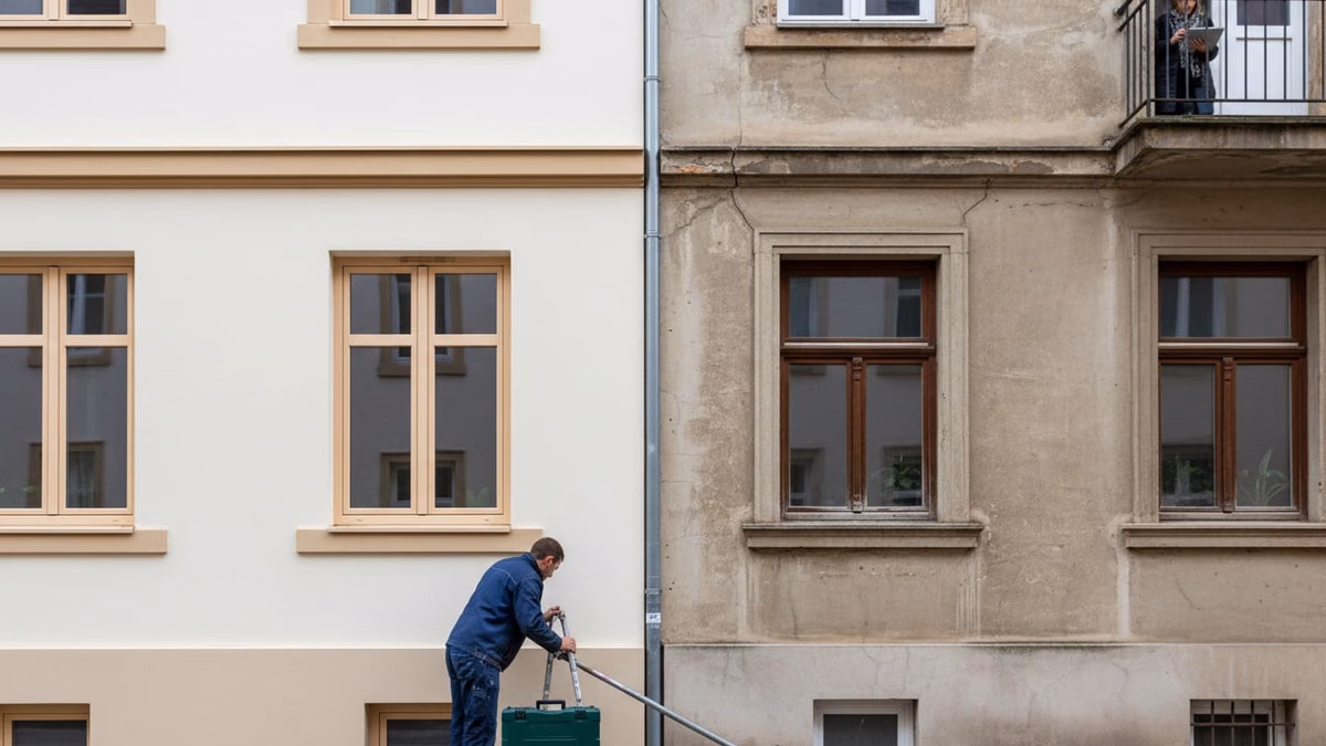 Zwei benachbarte Mehrfamilienhäuser, eines mit neuen Fenstern, das andere im Altzustand