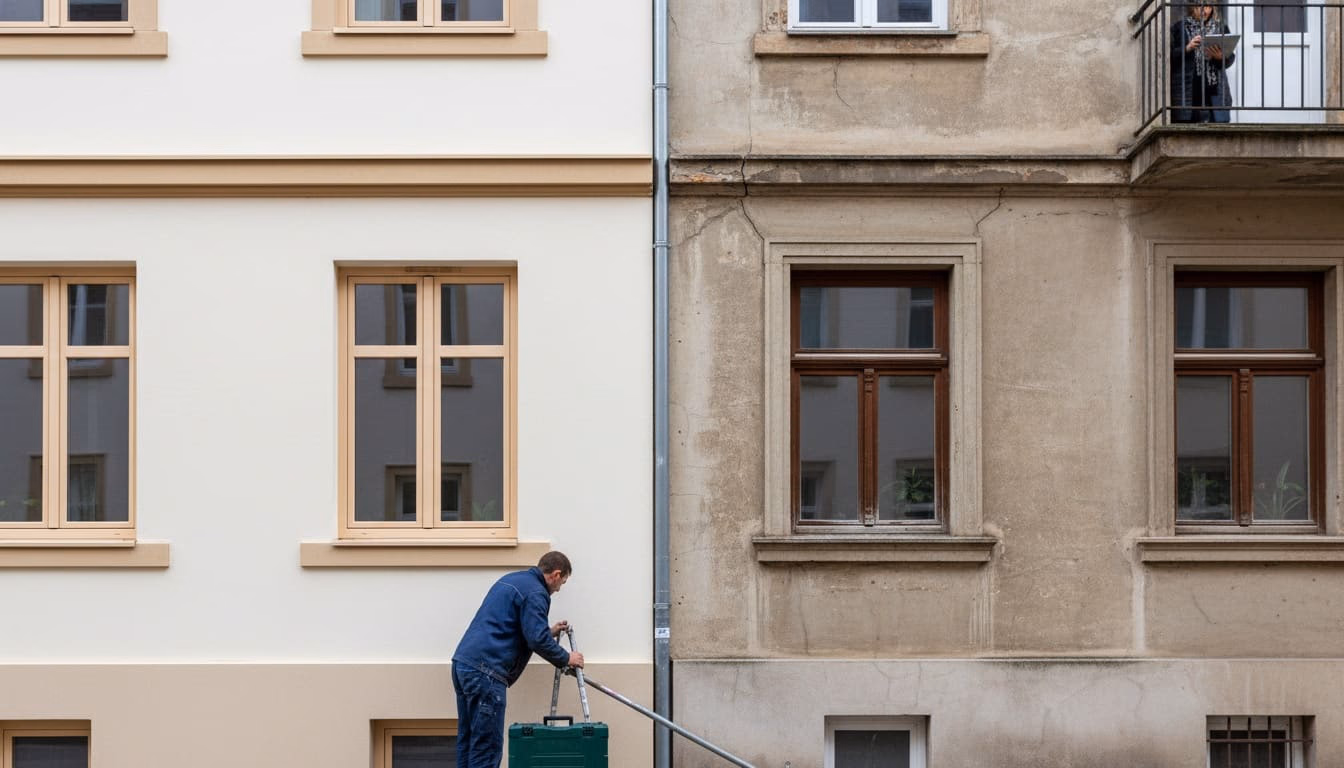 Zwei benachbarte Mehrfamilienhäuser, eines mit neuen Fenstern, das andere im Altzustand