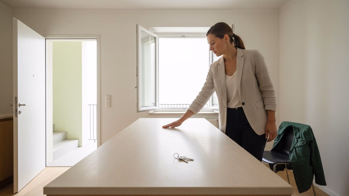 Verwalterin prüft in einer leeren Wohnung die gereinigte Küchenarbeitsplatte, daneben ein Schlüsselbund