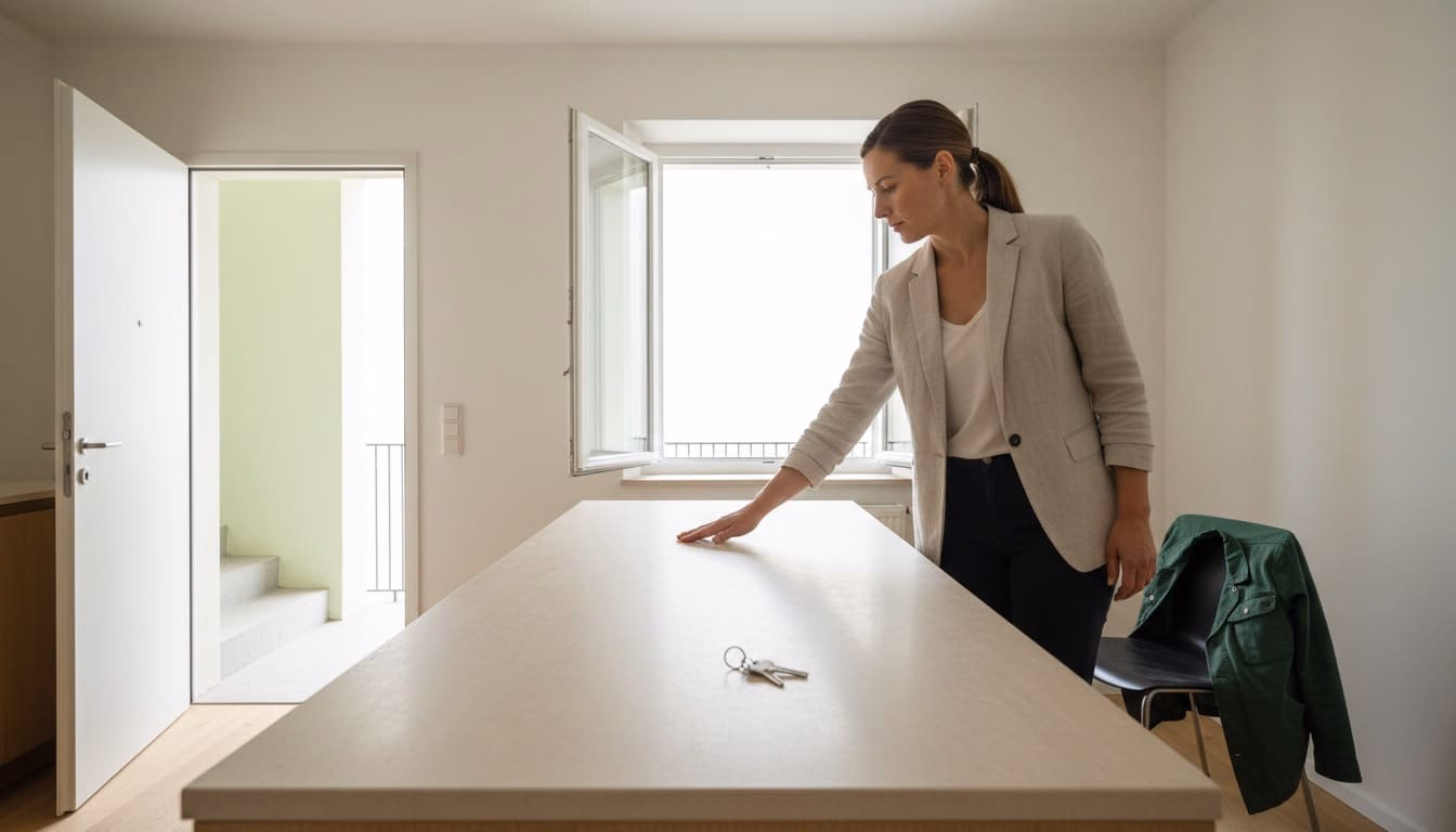 Verwalterin prüft in einer leeren Wohnung die gereinigte Küchenarbeitsplatte, daneben ein Schlüsselbund