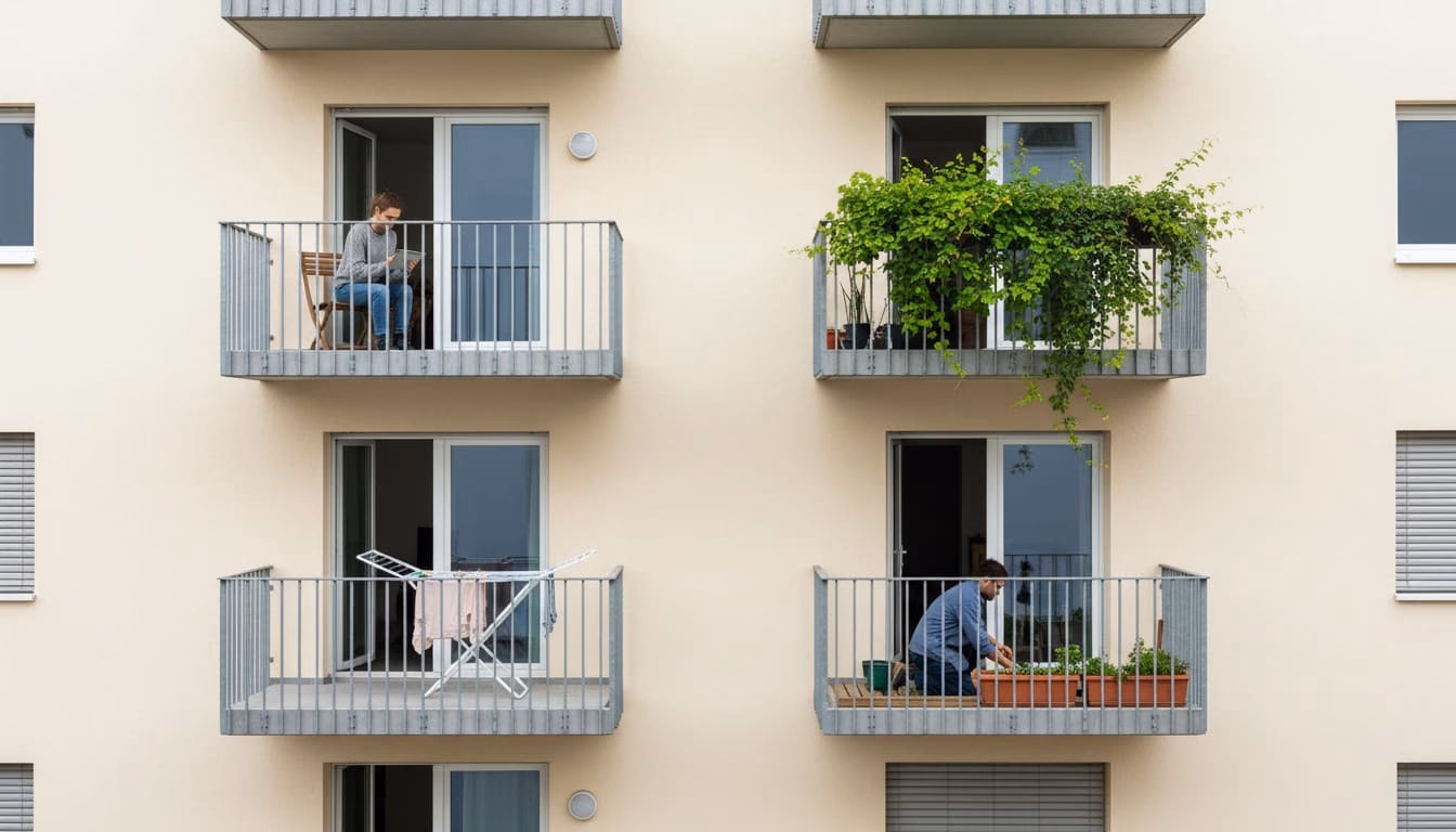 Übereinanderliegende, gleich geschnittene Balkone eines Mehrfamilienhauses, unterschiedlich genutzt