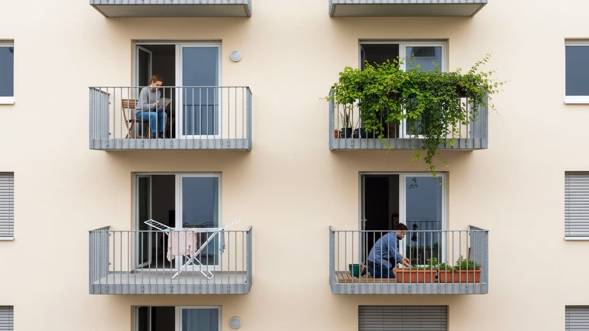 Übereinanderliegende, gleich geschnittene Balkone eines Mehrfamilienhauses, unterschiedlich genutzt