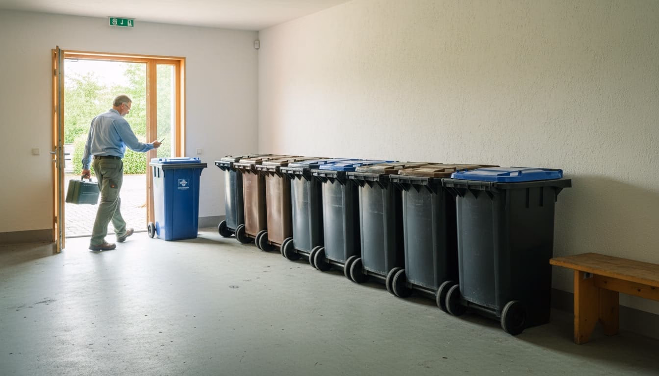 Mülltonnen in Reihe im Müllraum eines Mehrfamilienhauses, eine ist vorgezogen