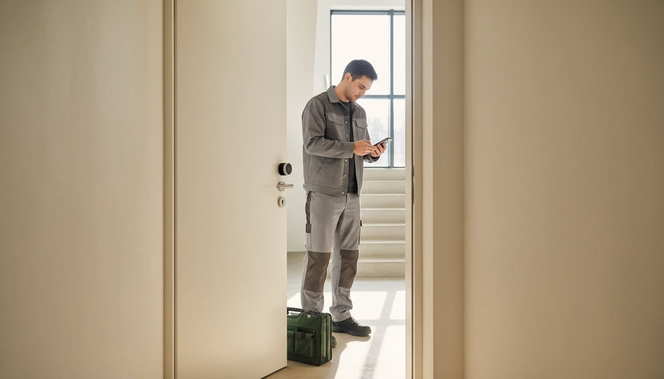 Handwerker hält sein Smartphone an ein Smart-Lock an der Wohnungstür, der Werkzeugkoffer steht daneben