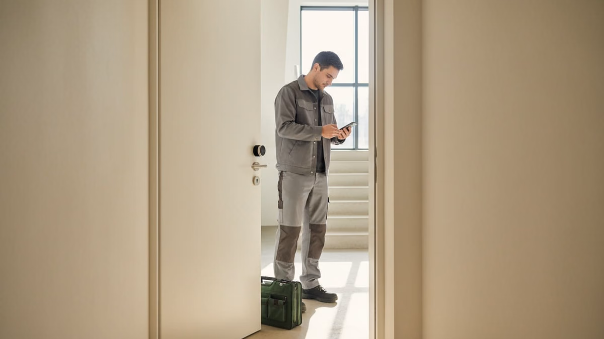Handwerker hält sein Smartphone an ein Smart-Lock an der Wohnungstür, der Werkzeugkoffer steht daneben