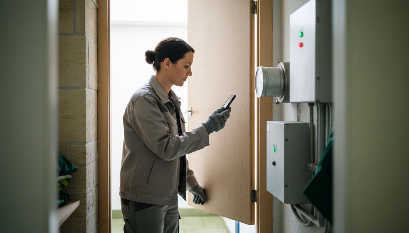 Verwalterin erfasst den Zählerstand eines Wärmezählers mit dem Smartphone