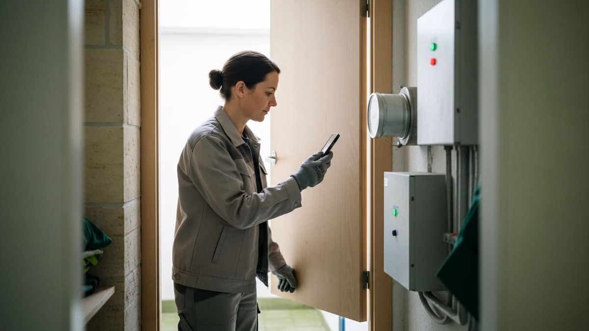 Verwalterin erfasst den Zählerstand eines Wärmezählers mit dem Smartphone