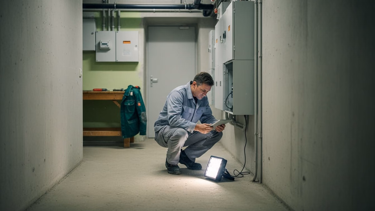 Hausmeister kniet mit Tablet im Keller neben dem Zählerschrank, eine Arbeitsleuchte beleuchtet ihn