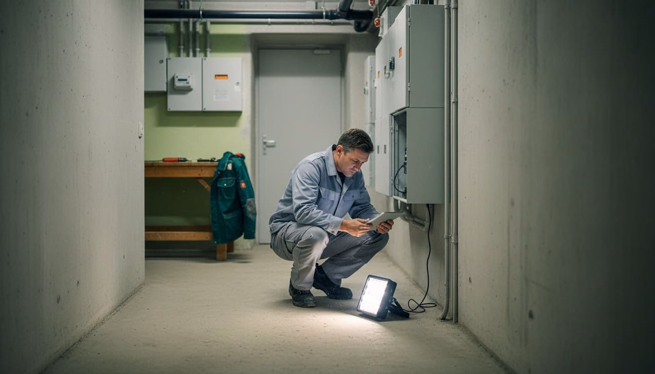 Hausmeister kniet mit Tablet im Keller neben dem Zählerschrank, eine Arbeitsleuchte beleuchtet ihn
