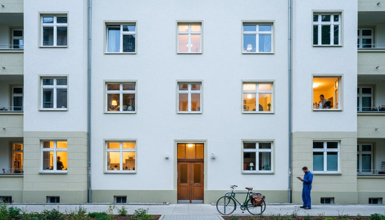 Mehrfamilienhaus in der Dämmerung, in den meisten Wohnungen brennt Licht