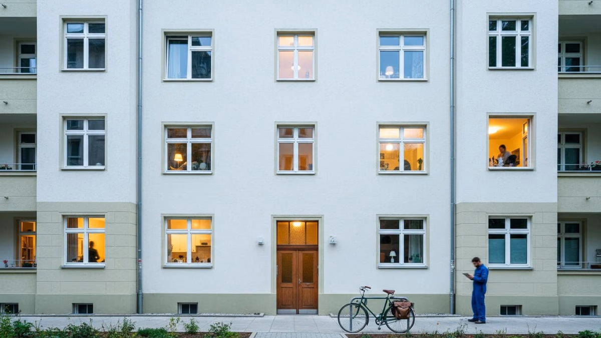 Mehrfamilienhaus in der Dämmerung, in den meisten Wohnungen brennt Licht