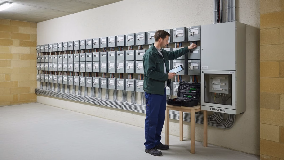 Techniker im Zählerraum an der Zählerreihe, am Ende der neu gesetzte Einspeisezähler
