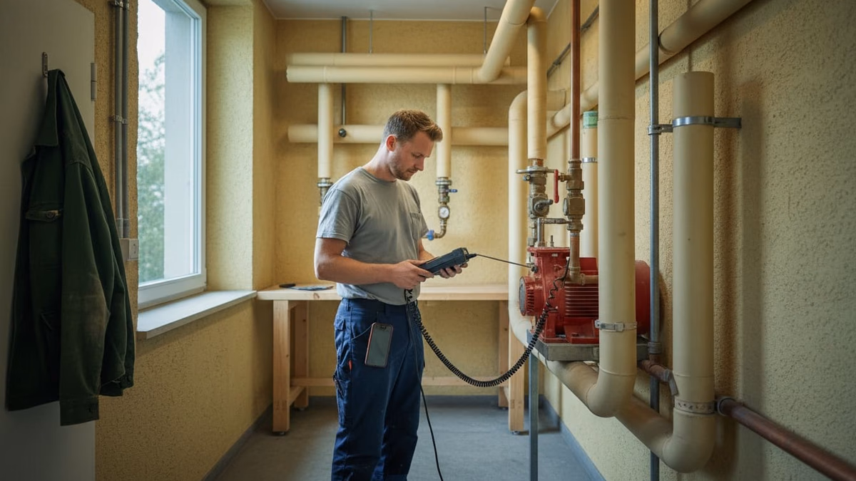 Servicetechniker hält eine Messsonde an das Gehäuse einer Umwälzpumpe