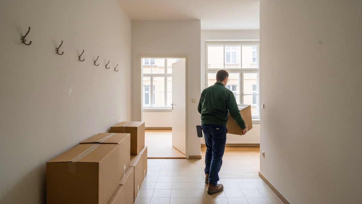 Geräumte Wohnung mit offener Tür, Umzugskartons im Hausflur davor