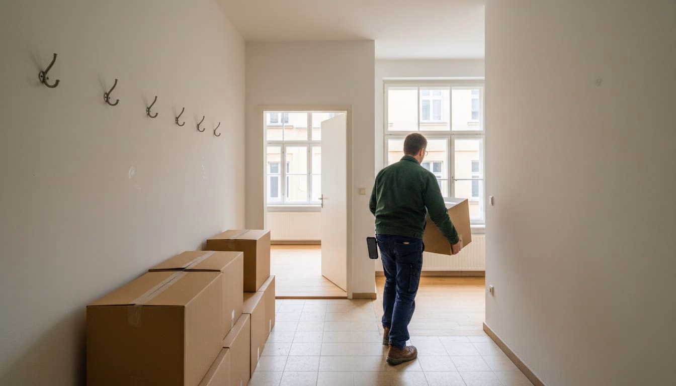Geräumte Wohnung mit offener Tür, Umzugskartons im Hausflur davor