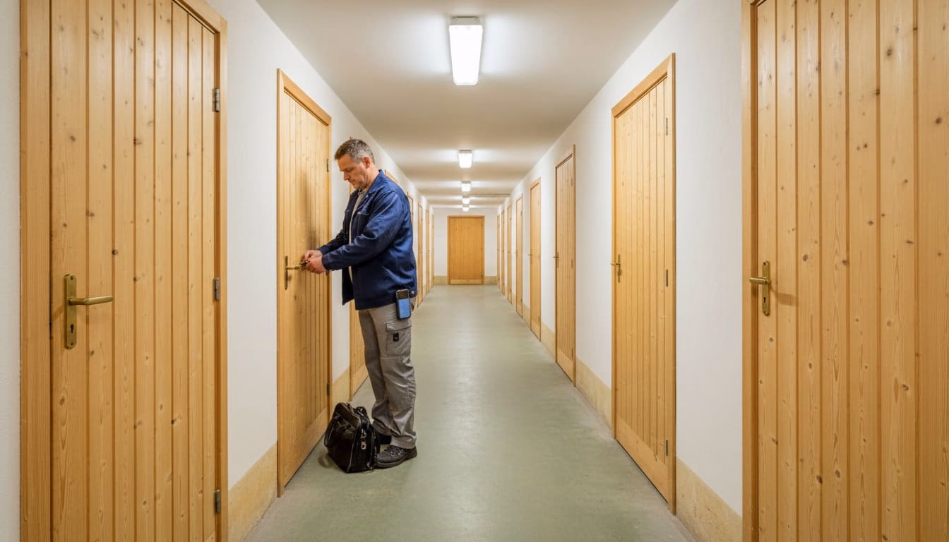 Hausmeister schließt einen von vielen gleichartigen Kellerverschlägen auf