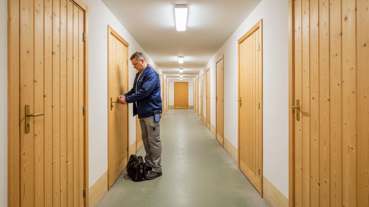 Hausmeister schließt einen von vielen gleichartigen Kellerverschlägen auf