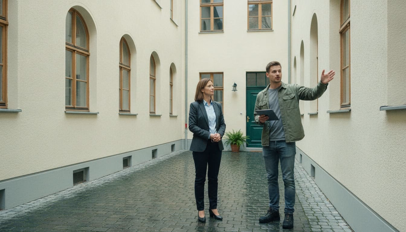 Verwalterin hört im Hof zu, während eine andere Person zur Fassade hin gestikuliert