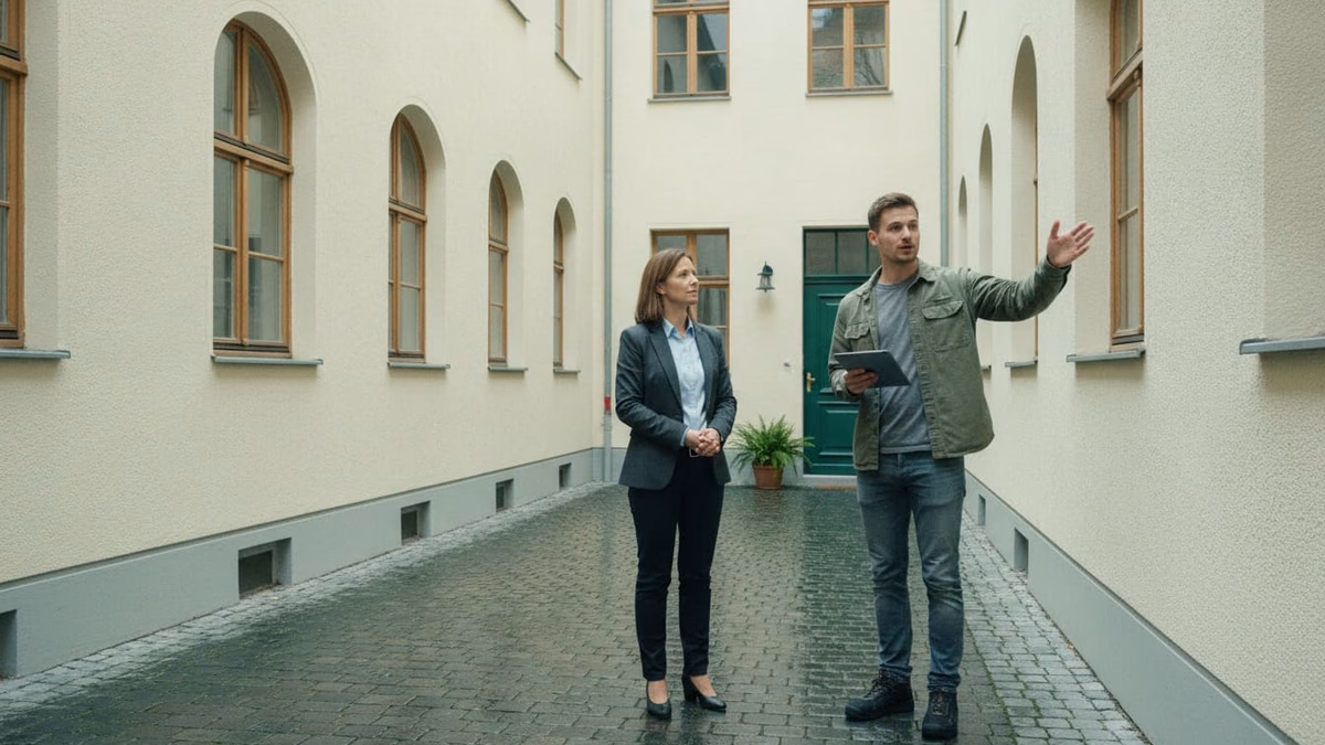 Verwalterin hört im Hof zu, während eine andere Person zur Fassade hin gestikuliert