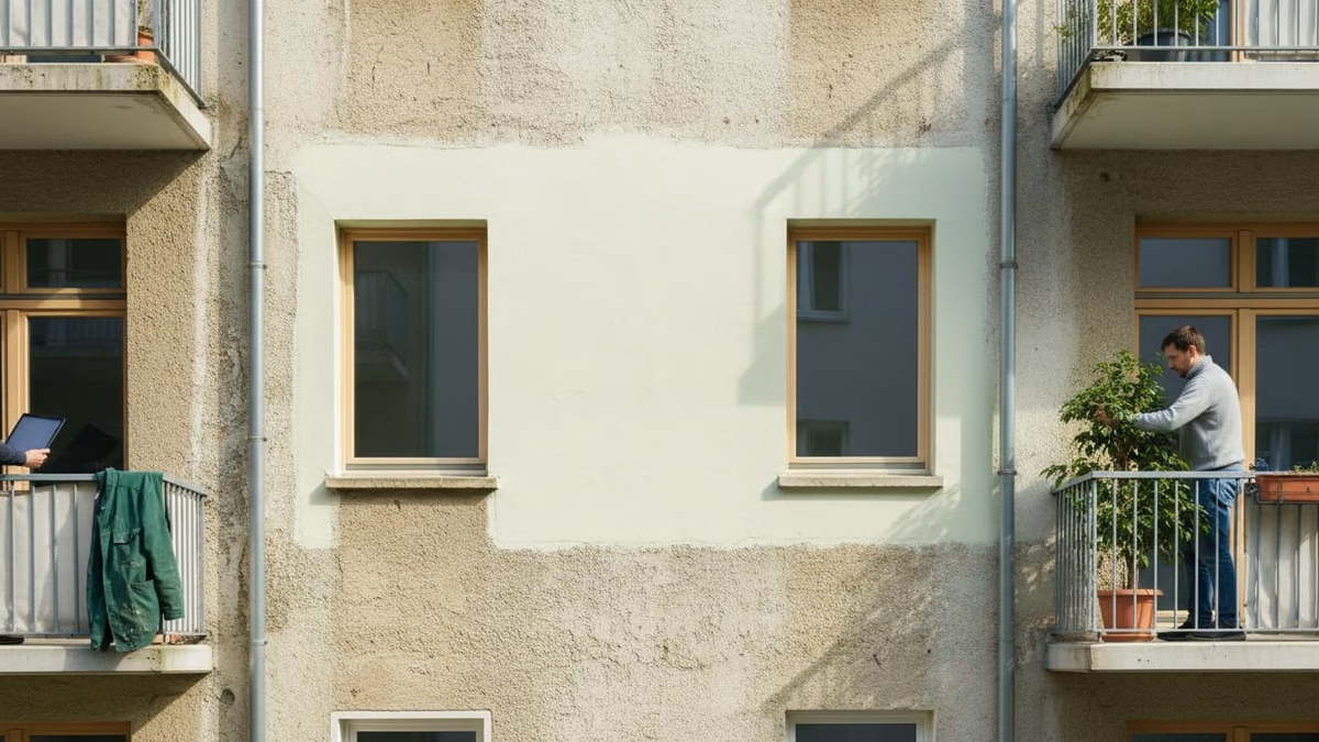 Ausgebesserte Putzfläche an der Rückwand, die Kante zum alten Putz ist noch sichtbar