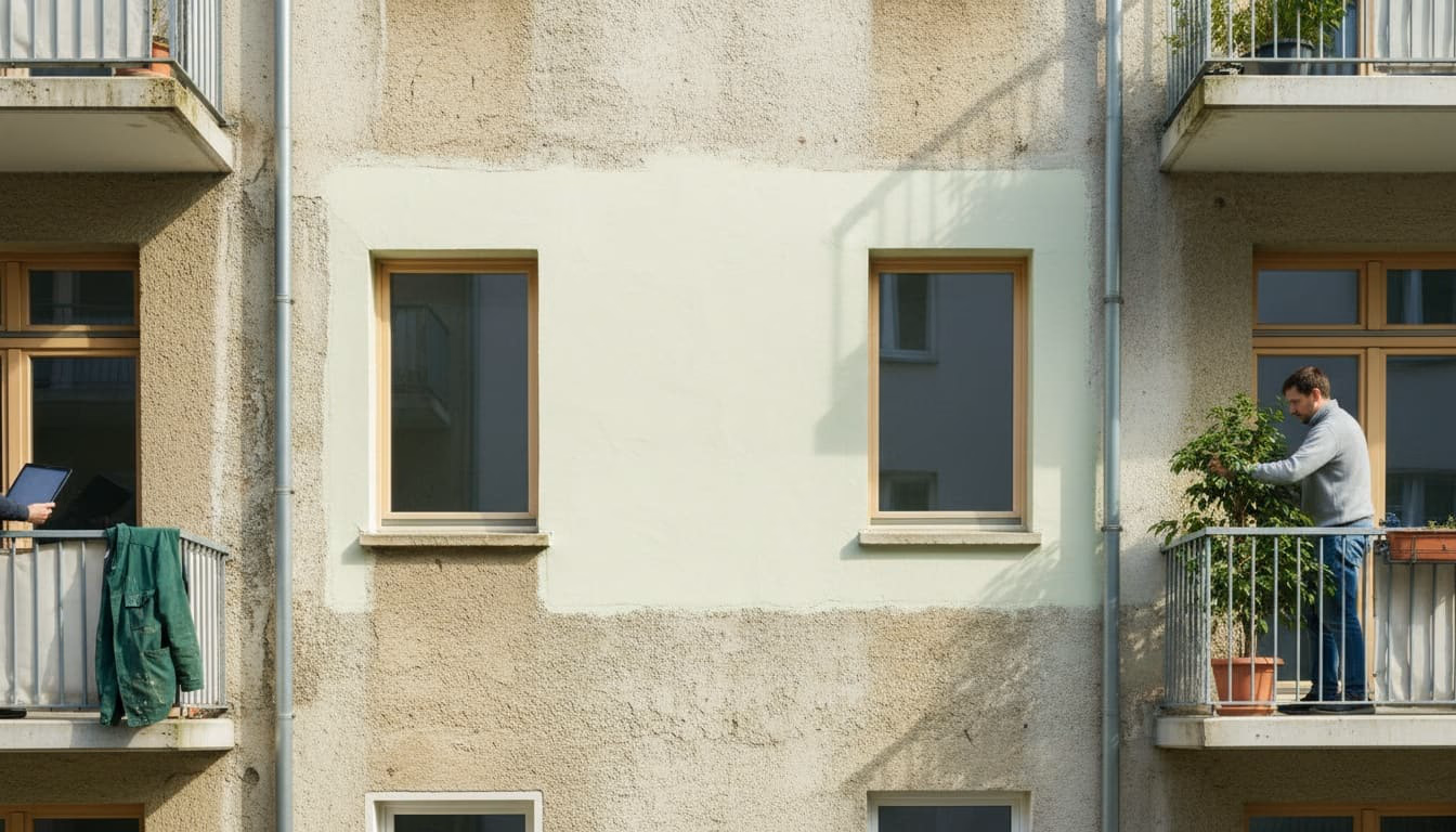 Ausgebesserte Putzfläche an der Rückwand, die Kante zum alten Putz ist noch sichtbar