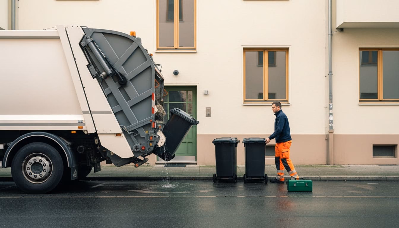 Müllfahrzeug hebt am Bordstein eine Tonne an, der Lader hält die nächste bereit