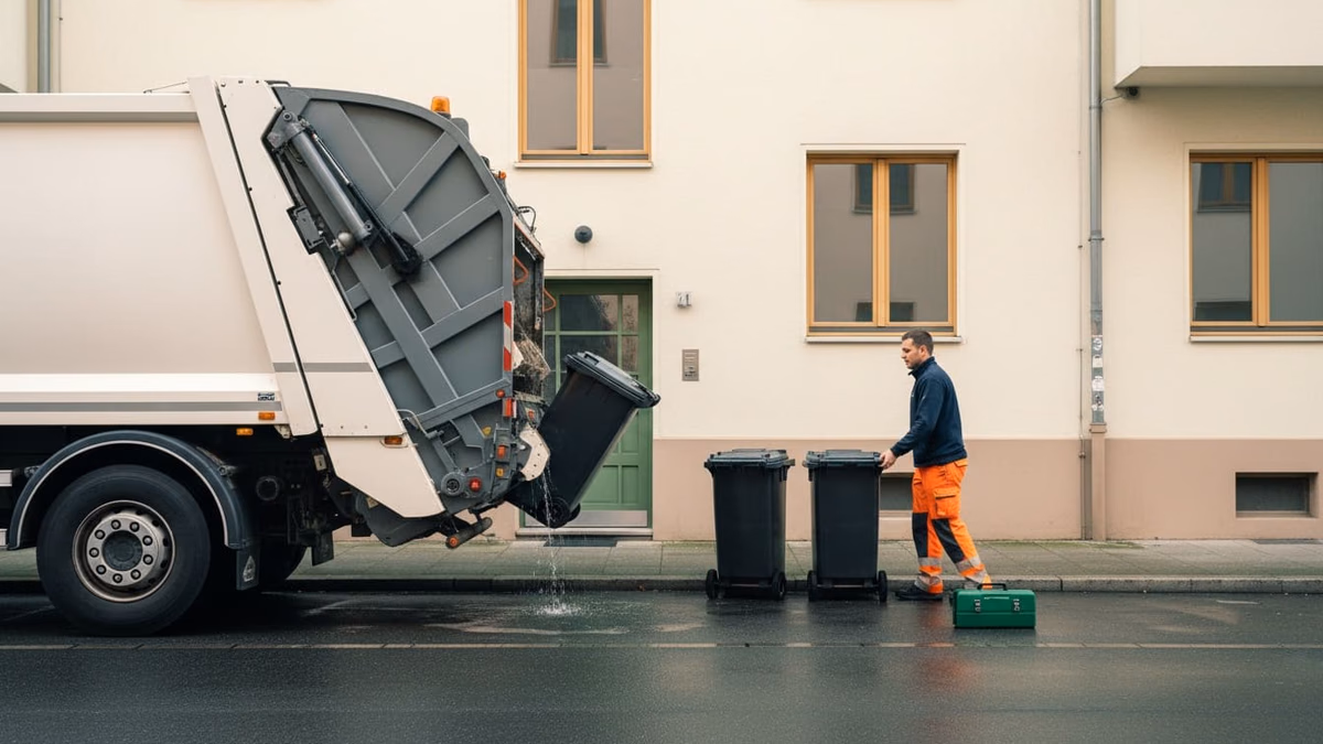 Müllfahrzeug hebt am Bordstein eine Tonne an, der Lader hält die nächste bereit