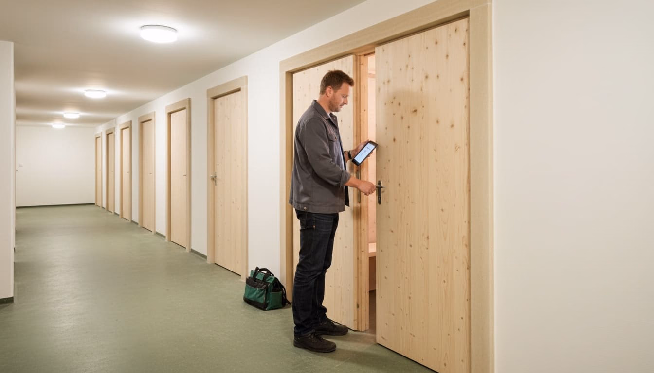 Reihe gleichartiger Kellerverschläge im Kellergang, ein Mann öffnet den vordersten