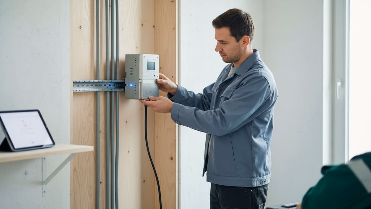 Monteur setzt ein Smart-Meter-Gateway neben einem modernen Zähler auf die Hutschiene