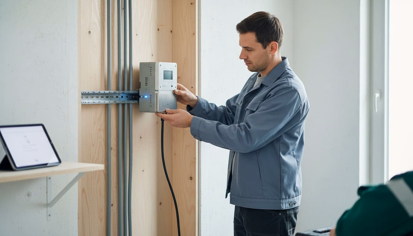 Monteur setzt ein Smart-Meter-Gateway neben einem modernen Zähler auf die Hutschiene