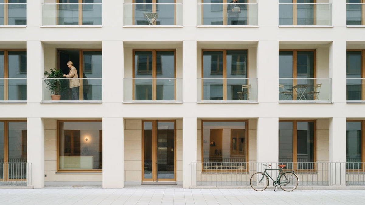 Fassade mit gleichmäßig wiederkehrenden Lisenen zwischen den Fensterachsen