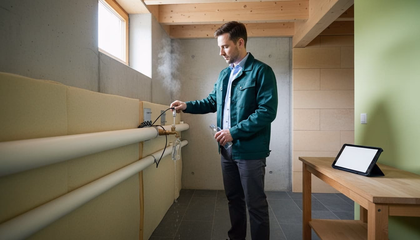 Laborantin füllt am Warmwasserhahn im Keller eine sterile Probeflasche, Thermometer an der Leitung