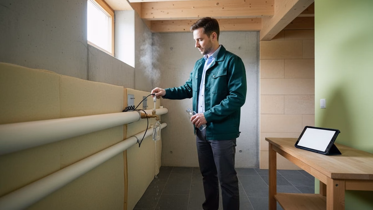 Laborantin füllt am Warmwasserhahn im Keller eine sterile Probeflasche, Thermometer an der Leitung