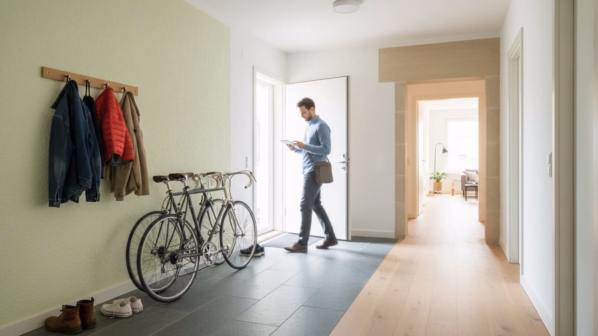 Flur einer Wohngemeinschaft mit zwei Fahrrädern und Jacken an der Garderobe