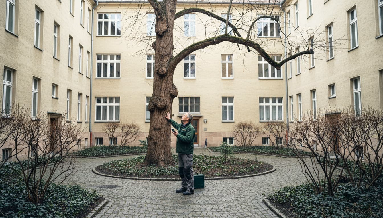 Hausmeister steht an einem Baumstamm im Hof und sieht zu einem toten Ast in der Krone hinauf