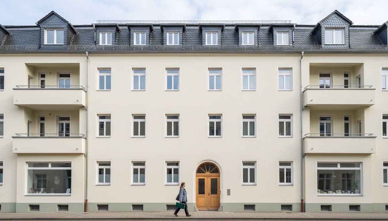 Frontalansicht eines Mehrfamilienhauses im klaren Morgenlicht, eine Frau geht am Eingang vorbei
