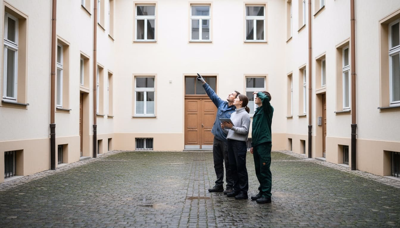 Drei Personen betrachten im Hof die Rückfassade, eine deutet zur Dachrinne hinauf