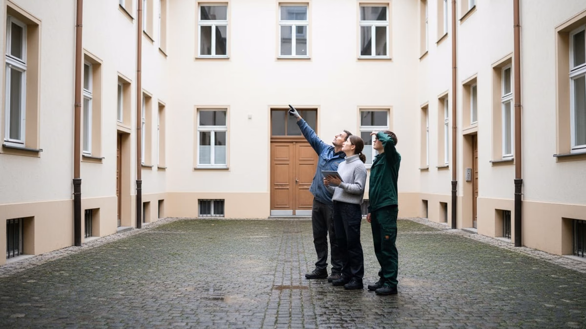 Drei Personen betrachten im Hof die Rückfassade, eine deutet zur Dachrinne hinauf
