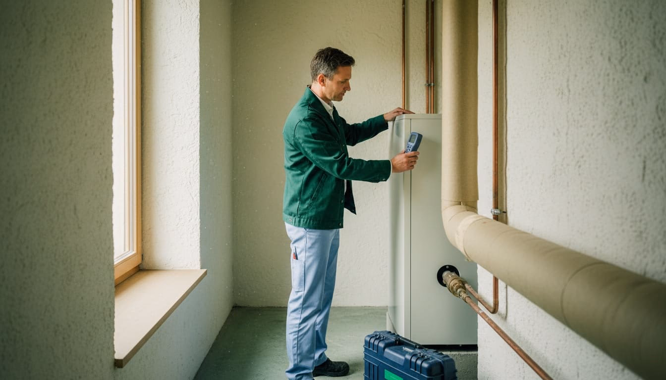 Techniker misst mit einem Anlegethermometer die Vorlauftemperatur an der Wärmepumpe