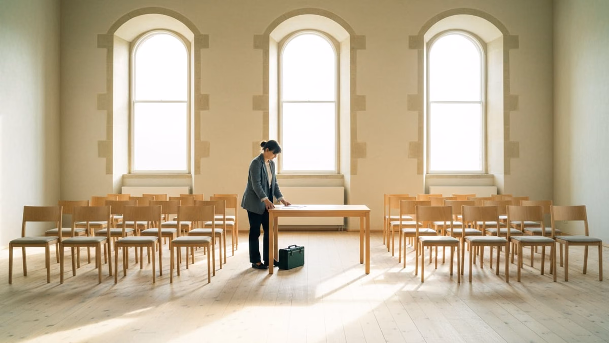 Frau steht allein am Tisch vor leeren Stuhlreihen in einem Versammlungssaal