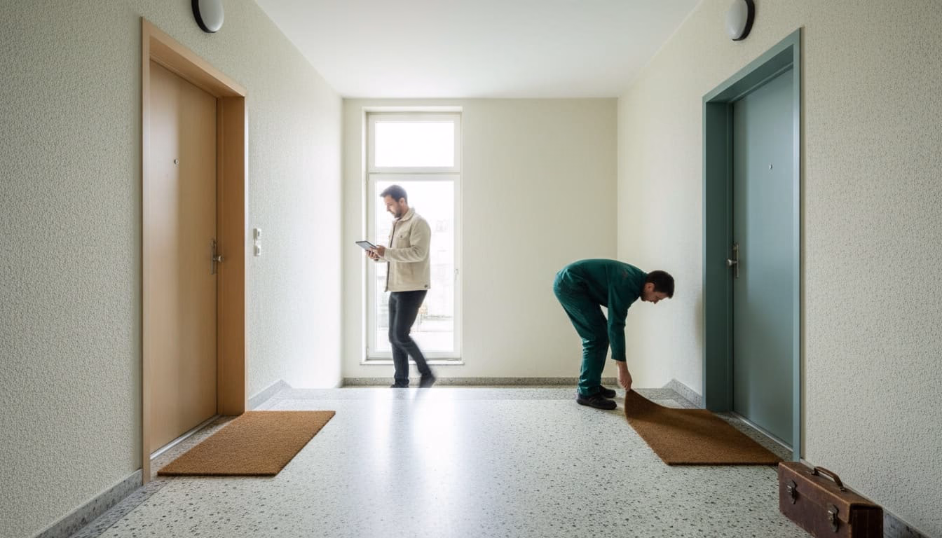 Zwei gegenüberliegende Wohnungstüren, eine Fußmatte liegt gerade, die andere verschoben